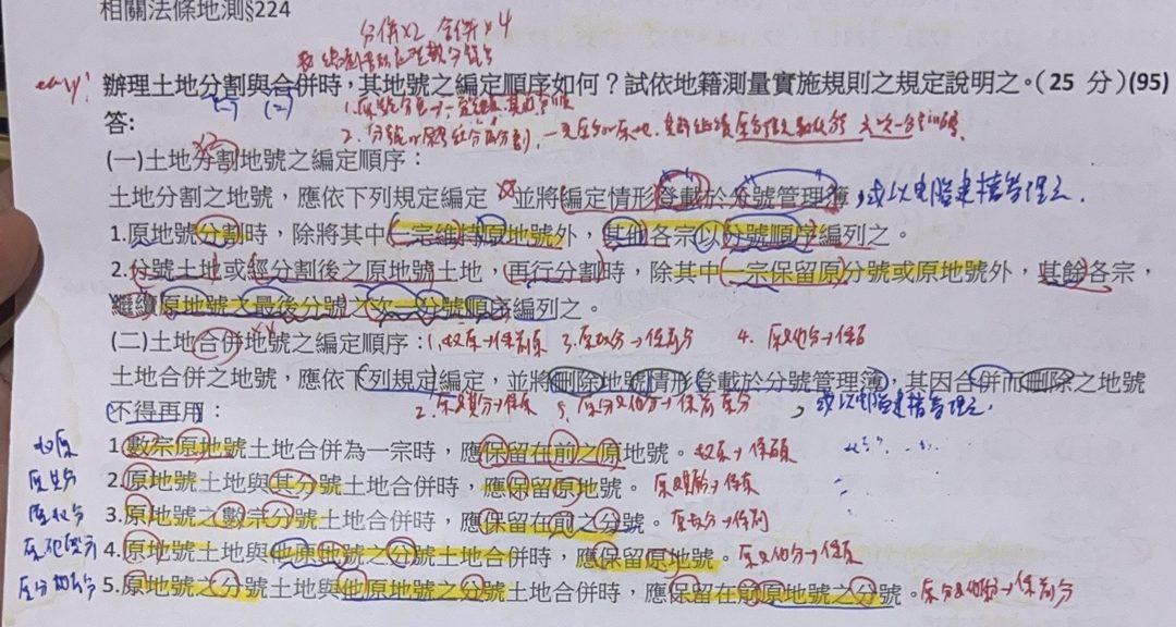 王芷考試時的筆記：螢光筆、紅筆、藍筆畫滿整頁